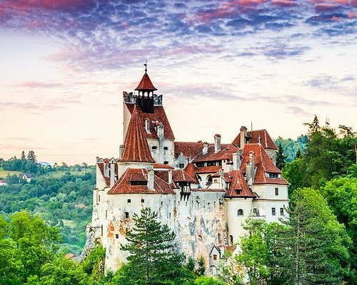A medieval castle in Romania surrounded by dense forest at dusk.